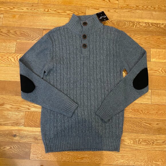 Kian D Los Angeles Quarter Button Mock Neck Large Sweater Elbow Patch NWT - Picture 1 of 9